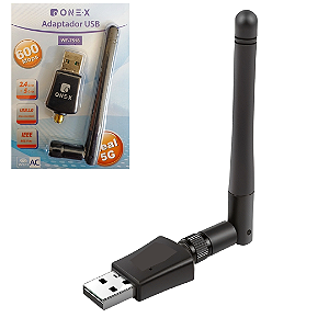 Adaptador Wi-Fi USB Dual Band, 2.4 e 5G, 600Mbps (150 + 433 mbps) com Antena - Onex WF-7518