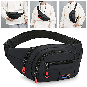 Pochete Impermeável Bolsa Transversal ou Cintura, Cor Preto - Sport A2502