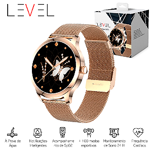 SmartWatch Level LVW-30, Tela TFT de 1.32", iOS e Android, Pulseira Metal Dourado