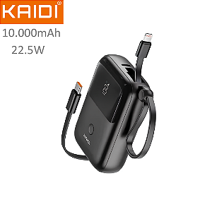 Carregador Portátil Power Bank 10.000mAh com Cabo Tipo C e iPhone, 22.5W 20W PD, Preto - Kaidi KNC-01P