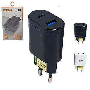 Carregador Fonte Rápido para Celular USB e Tipo C, 3.1A - Lelong LE-283
