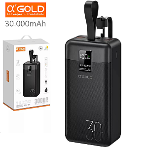 Carregador Portátil Power Bank 30.000mAh, PD e QC 22.5W, Cabo Tipo C e iPhone, Preto -α'Gold BTE-43