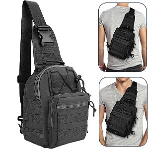 Mini Bolsa Mochila Tiracolo Transversal Tática no Estilo Militar Cor Preto - B014