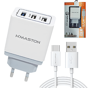 Kit Carregador com 3 Portas USB Quick 3.0 Até 8.1A + Cabo Tipo C - H'Maston H62-3
