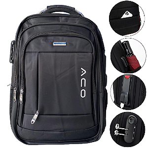 Mochila Para Notebook até 17" Reforçada Anti Furto Semi Impermeável, Preto - Aco 2104