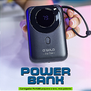 Carregador Portátil Power Bank 10.000mAh com Cabo Tipo C e iPhone, 22.5W PD, Preto - α'Gold BTE-15A