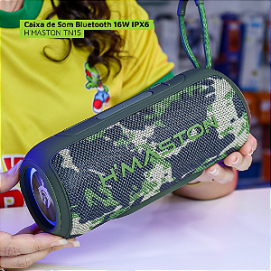 Caixa de Som Bluetooth 16W, IPX6 Resistente à Água, Rádio FM, Pendrive, SD e AUX, Camuflada Militar - H'Maston TN15
