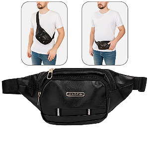 Pochete Bolsa Transversal ou Cintura de Couro Sintético Preto - Jingpin A2531