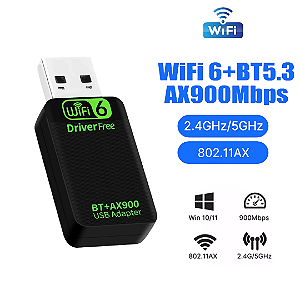 Adaptador Wi-Fi 6 USB 2.0 Dual Band 2.4 e 5G Até 600Mbps + Bluetooth BT5.3 - Fenvi AX900
