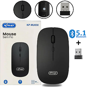 Mouse Óptico Sem Fio Bluetooth + USB, 1600 DPI, 4 Botões, Preto - Knup KP-MU030