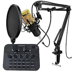 Kit Completo Microfone Condensador Knup KP-M0010 + Mesa de Som Tomate MPS-005 para Streaming, Podcast e Karaokê
