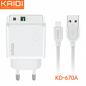 Carregador Turbo USB e Tipo C + Cabo Lightning para iPhone - Kaidi KD-670A