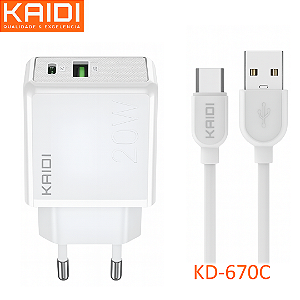 Carregador Turbo USB e Tipo C + Cabo Tipo C - Kaidi KD-670C
