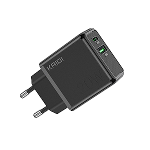 Carregador Turbo USB e Tipo C Turbo 20W, PD+QD Auto-ID, Preto - Kaidi KD-670