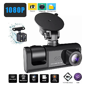 Câmera Veicular Tripla Dash Cam Super HD 1296P - Frontal, Interna e Ré com Visão Noturna