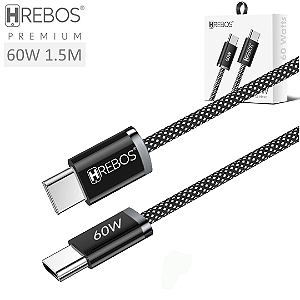 Cabo Tipo C para Tipo C Turbo 60W para Celular com 1,5m, Preto - Hrebos CB-385C