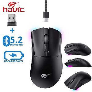Mouse Gamer 10.000 DPI, Tri-Mode (Bluetooth, Adaptador e Cabo), Recarregável, Driver - Havit MS966S