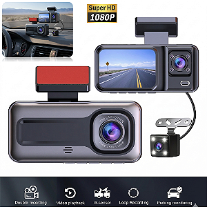 Câmera Veicular 3 em 1 Full HD Frente, Interna e Ré com Tela 2" - Kapbom KA-2491