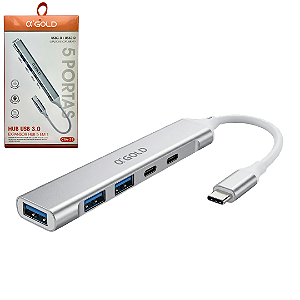 Hub Tipo-C 5 em 1 com 1 porta USB 3.0, 2 USB 2.0 e 2 Tipo-C para Macbook e Notebook - A'gold CBA-28