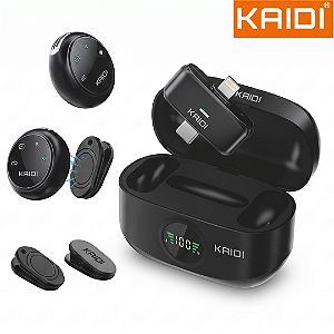 Microfone de Lapela Sem Fio Duplo para iPhone e Android com Case - Kaidi KMF1-AC