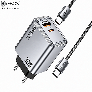 Kit Carregador com 2 Portas (USB + Tipo C) 30W + Cabo Tipo C Nylon Trançado - Hrebos CRG-233CC