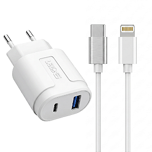 Kit Carregador Turbo com 2 Portas (USB + Tipo C) + Cabo Tipo-C para iPhone - Lelong LE-285Cp