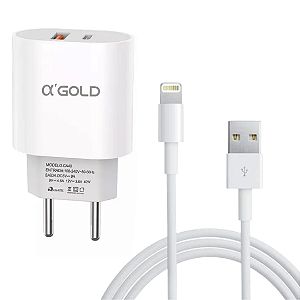 Kit Carregador Turbo com 2 Portas (USB + Tipo C) + Cabo USB para iPhone - A'Gold CA40-2/iOS