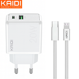 Kit Carregador Turbo com 2 Portas (USB + Tipo C) 20 W + Cabo Tipo-C para iPhone - Kaidi KD-670CL