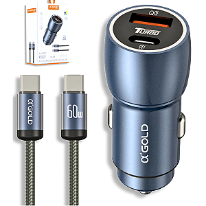 Carregador Veicular Turbo 60W com 2 Saídas USB e Tipo-C + Cabo Tipo-C - Alfa Gold CJ13-3
