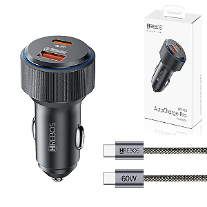 Carregador Veicular com 2 Saídas USB e Tipo C + Cabo Tipo C para iPhone Hrebos CRV-208CI