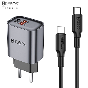 Kit Carregador Turbo 20W com 2 Portas (USB + Tipo C) e Cabo Tipo-C Neo Charge - Hrebos CRG-232C