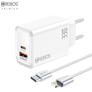 Kit Carregador Turbo 20W com 2 Portas (USB + Tipo C) e Cabo Tipo-C para iPhone Fluxion Charge, Branco - Hrebos CRG-233CI