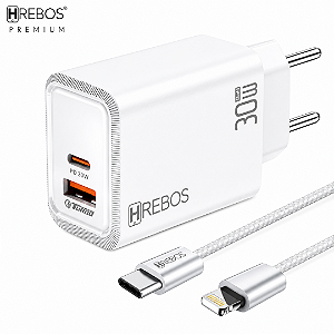 Kit Carregador Turbo 20W com 2 Portas (USB + Tipo C) e Cabo Tipo-C para iPhone Fluxion Charge, Branco - Hrebos CRG-233CI