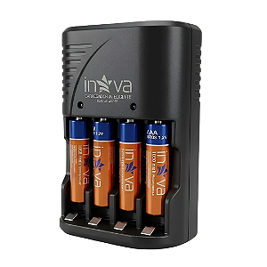 Kit Carregador de Pilhas Inteligente AA AAA e Bateria 9V Bi-Volt com 4 Pilhas AAA 1050mAh - Inova KV-732-2