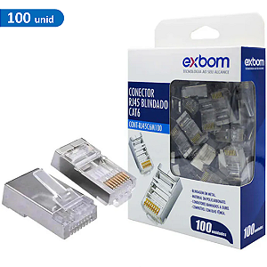 Conector RJ45 Cat6 Cat6e Blindado Metalico Banhado a Ouro Pote com 100 Unidades - Exbom CONT-RJ45C6M100