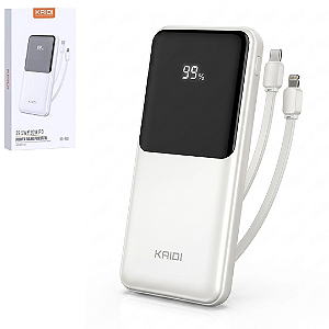 Carregador Portátil Power Bank 10.000mAh Turbo 22.5W PD 20W com Cabos Embutidos Tipo C e iPhone, Branco - Kaidi KD-961