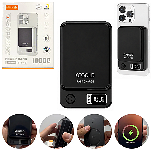 Carregador Portátil Power Bank Magnético 10.000mAh Sem Fio 15W Turbo 22.5W PD, Preto - α'Gold BTE-60