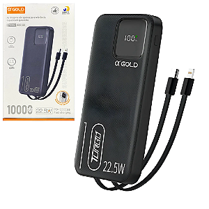 Carregador Portátil Power Bank 10.000mAh com Cabos Embutidos Turbo 22.5W PD, Preto - α'Gold BTE-33