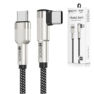Cabo Tipo C para Tipo C 100W Turbo 1 Metro em L 90 Graus, Preto - Hrebos CB-378C