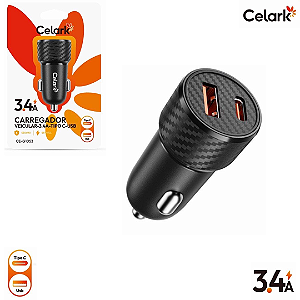 Carregador Veicular 3.4A com 2 Saídas USB e Tipo-C - Celark CE-G1053