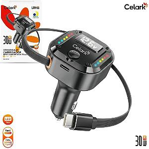 Carregador Veicular 2 em 1 Tipo-C PD 30W com Cabo Retrátil de 70cm - Celark CE-G1072