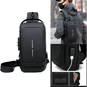 Mochila Bolsa Transversal Antifurto com Trava de Segredo e Porta USB - Hoopson MCL-002H Preta