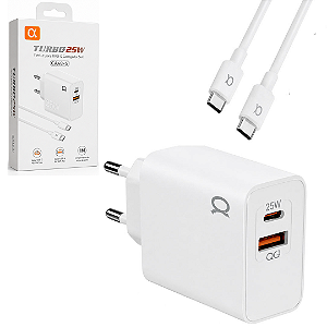 Kit Carregador Turbo 25W Dual Port (USB + Type-C PD) com Cabo Tipo C para Tipo C 1m - Alfa Gold CA48-5