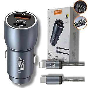 Kit Carregador Veicular Turbo 60W para iPhone com Cabo Tipo C para Lightning - AGold CJ13-2