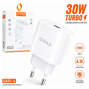 Carregador Fonte Tipo-C Turbo 30W 6.1A, Branco - A'Gold CA31-4