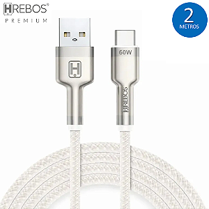 Cabo de Carregamento Tipo C 60W com 2 Metros, Tecido Trançado - Hrebos Metal Waves CB-252C