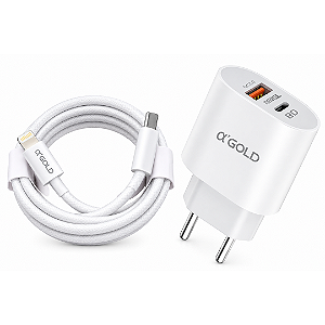 Kit Carregador Turbo 40W com 2 Portas (USB + Tipo-C) e Cabo Tipo-C para iPhone, Branco - A'Gold CA40/C-ios