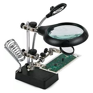 Suporte Para Ferro Solda Eletrônica Bancada Lupa Led de Mesa Recarregável USB Garras 2 lentes ópticas