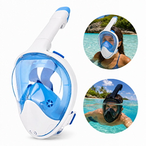 Máscara De Mergulho Para Rosto Snorkel Full Face Azul Preto Suporte GoPro Câmera