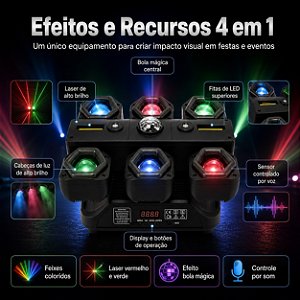 Moving Head 6 LEDs RGBW 120W Profissional Bivolt DMX Strobo para DJ, Festas, Baladas, Shows e Eventos
